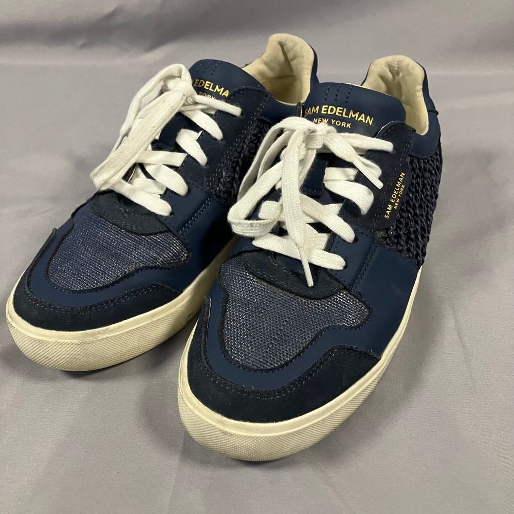 Sam Edelman Elcie Womens 8M Navy Blue Leather Suede Woven Low Top Sneakers